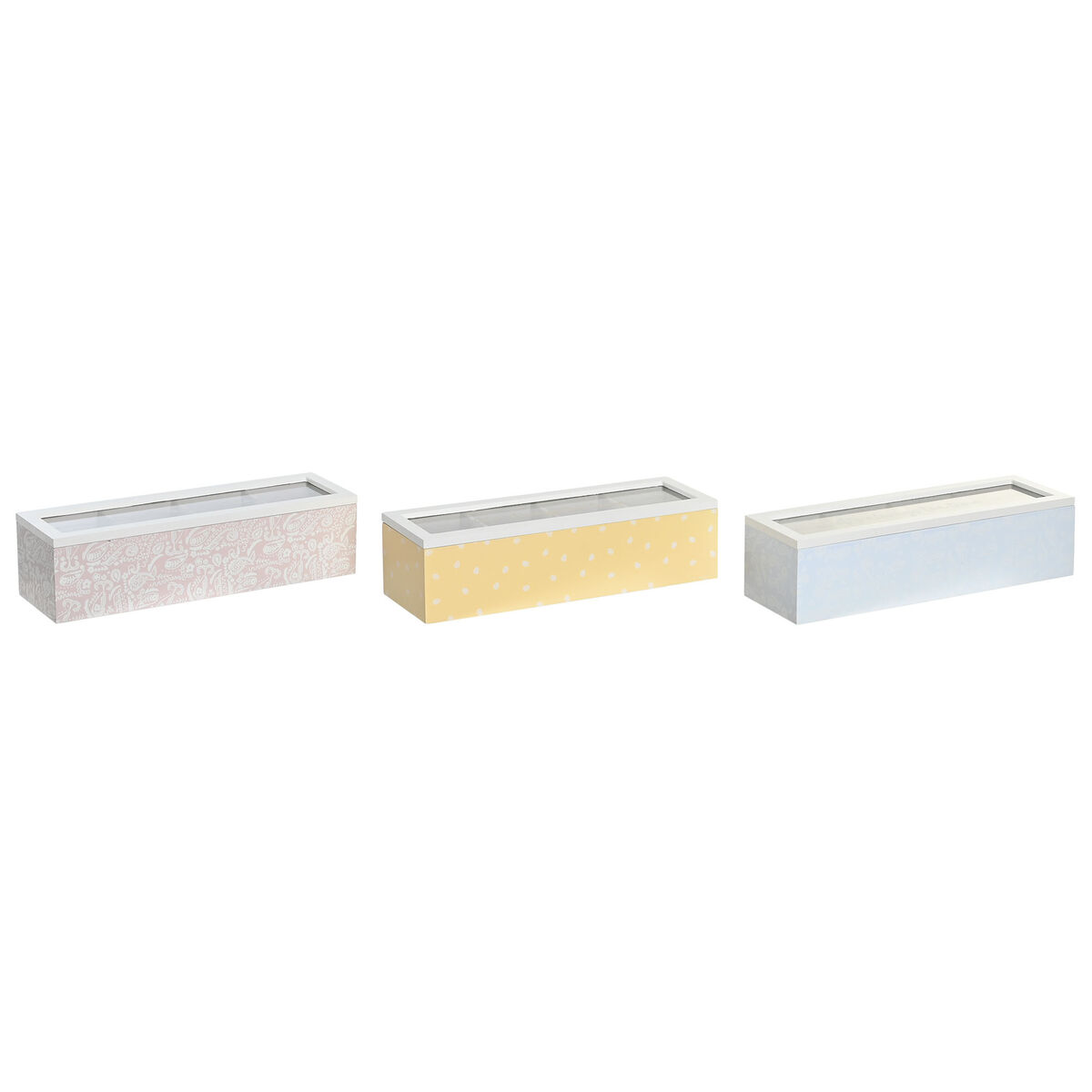 Låda för örtte DKD Home Decor 30 x 9 x 8 cm Glas Blå Rosa 3 Delar Trä MDF