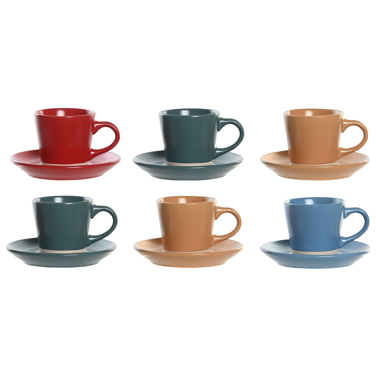 Set med koppar och fat DKD Home Decor Röd Blå Grön Gul Stengods 90 ml