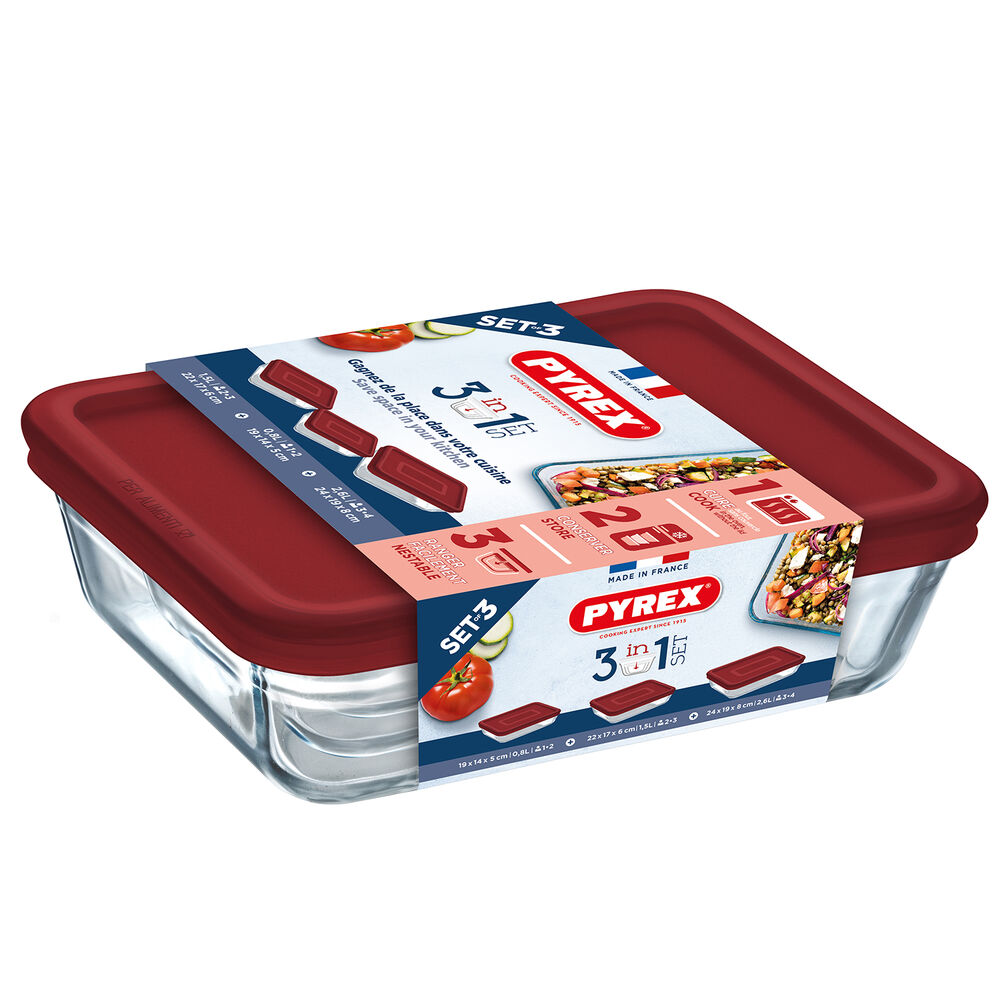 Lunchlådor, set Pyrex Cook & Freeze Glas Röd (3 pcs)