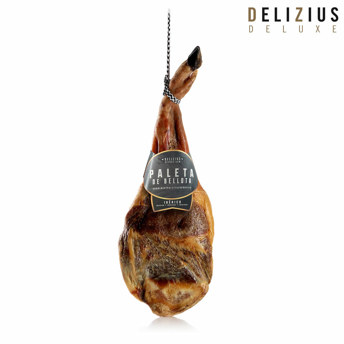 Set som består av iberisk ekollonmatad fläskaxel, olivolja och kötthållare Delizius Deluxe - 6