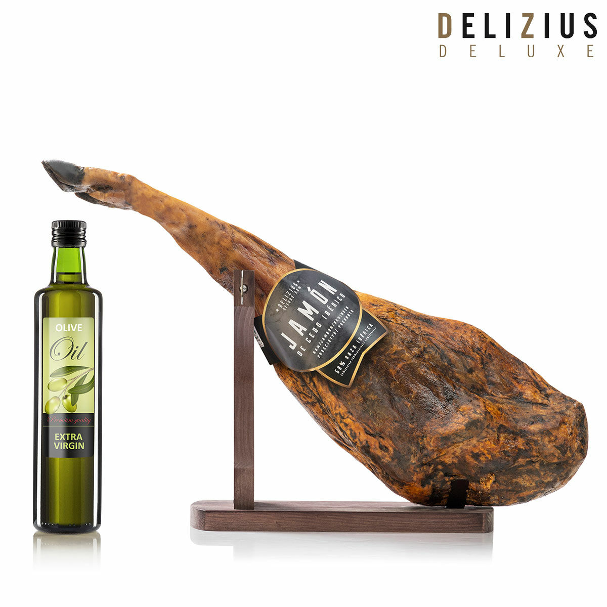 Set bestående av iberisk spannmålsmatad skinka, olivolja och kötthållare Delizius Deluxe, Vikt ca: 8,5-9 Kg - 4