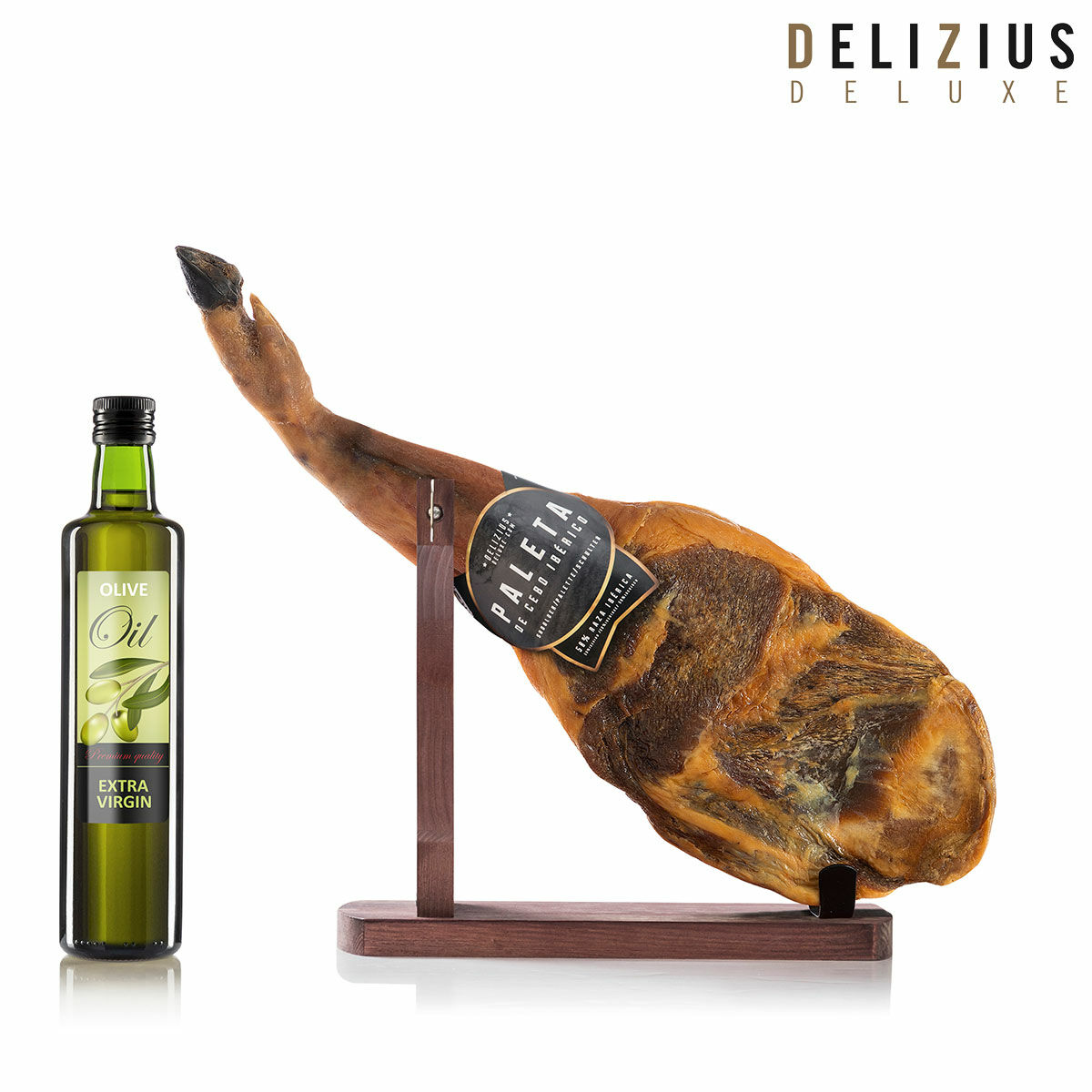 Set som består av iberisk spannmålsmatad fläskaxel, olivolja och kötthållare Delizius Deluxe, Vikt ca: 5-5,5 Kg