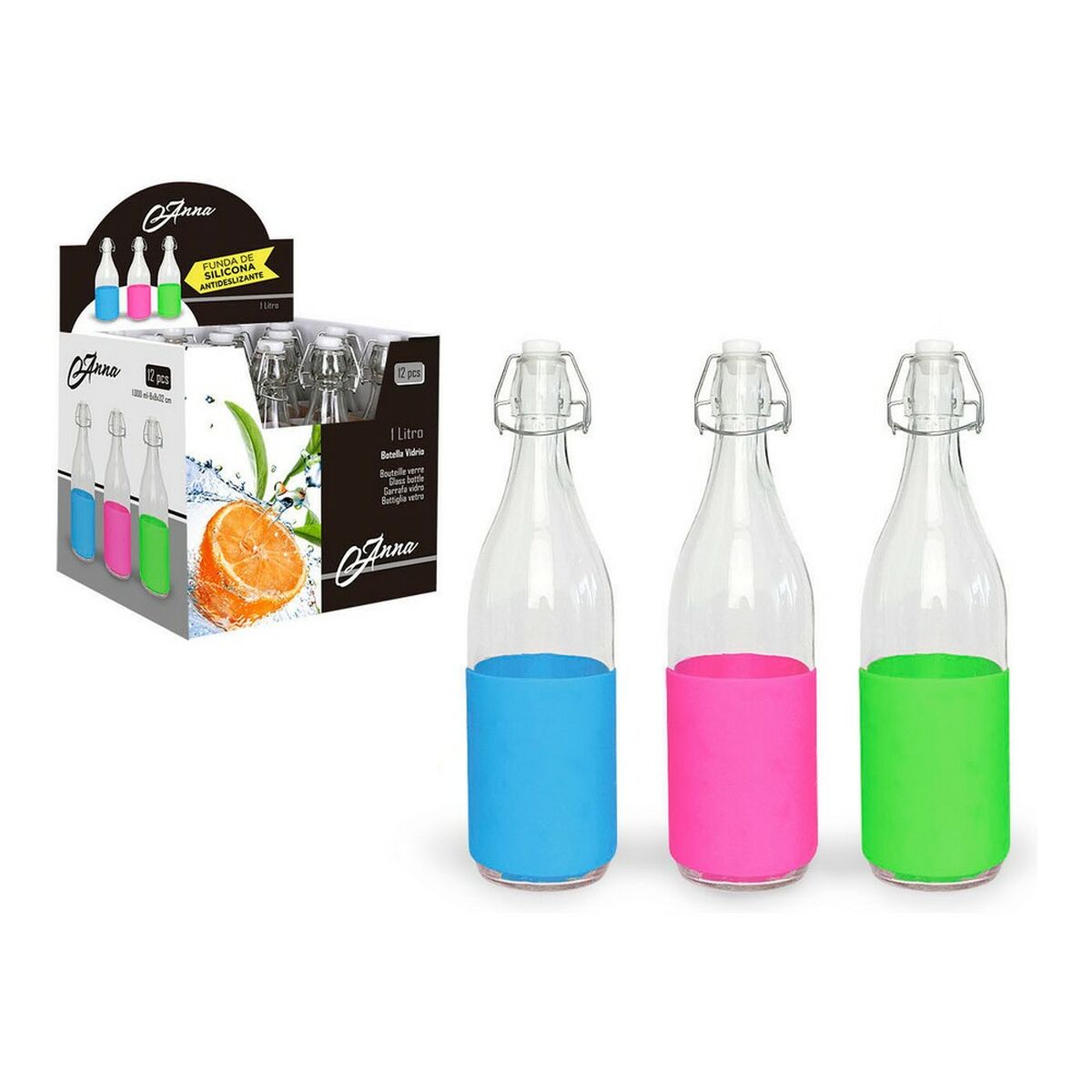 Flaska Anna Glas Med lock Silikon (1 L) - 2