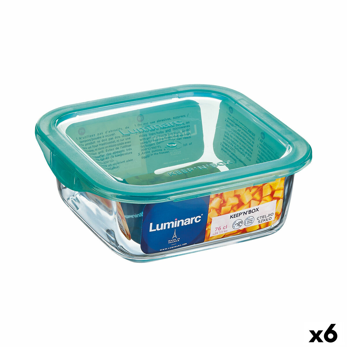 Fyrkantig matlåda med lock Luminarc Keep'n Lagon 10 x 5,4 cm Turkos 380 ml Dvobarvna Glas (6 antal)