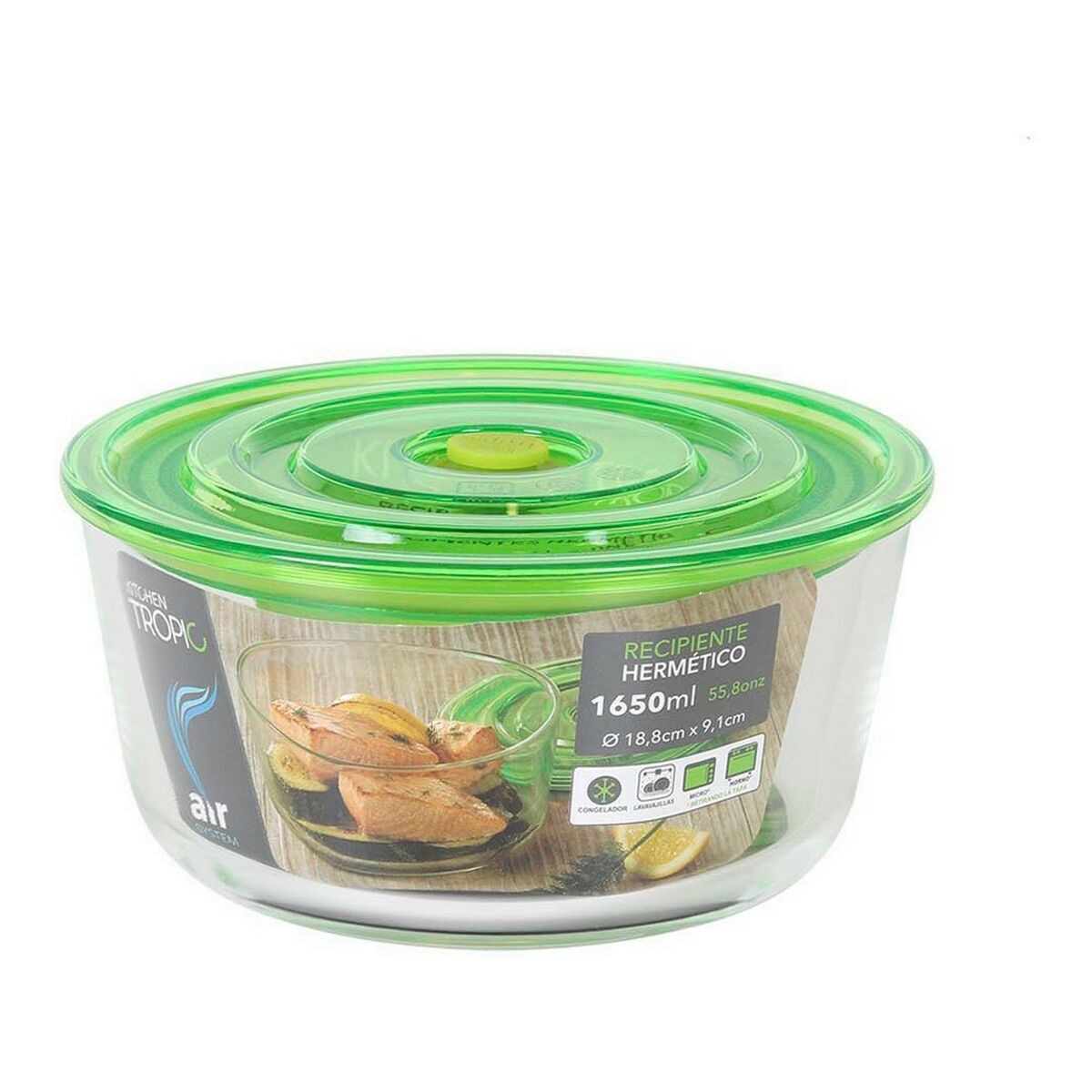 Hermetisk matlåda Kitchen Tropic Air Transparent Grön Borosilikatglas 1,65 l (9,1 x 9,1 x 19 cm)