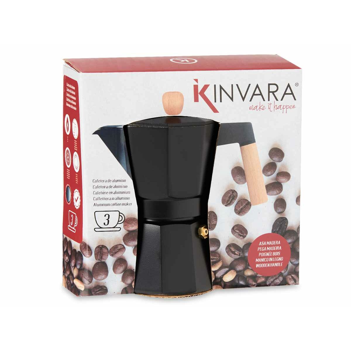 Italiensk Kaffepanna Trä Aluminium 3 Csészék - 4