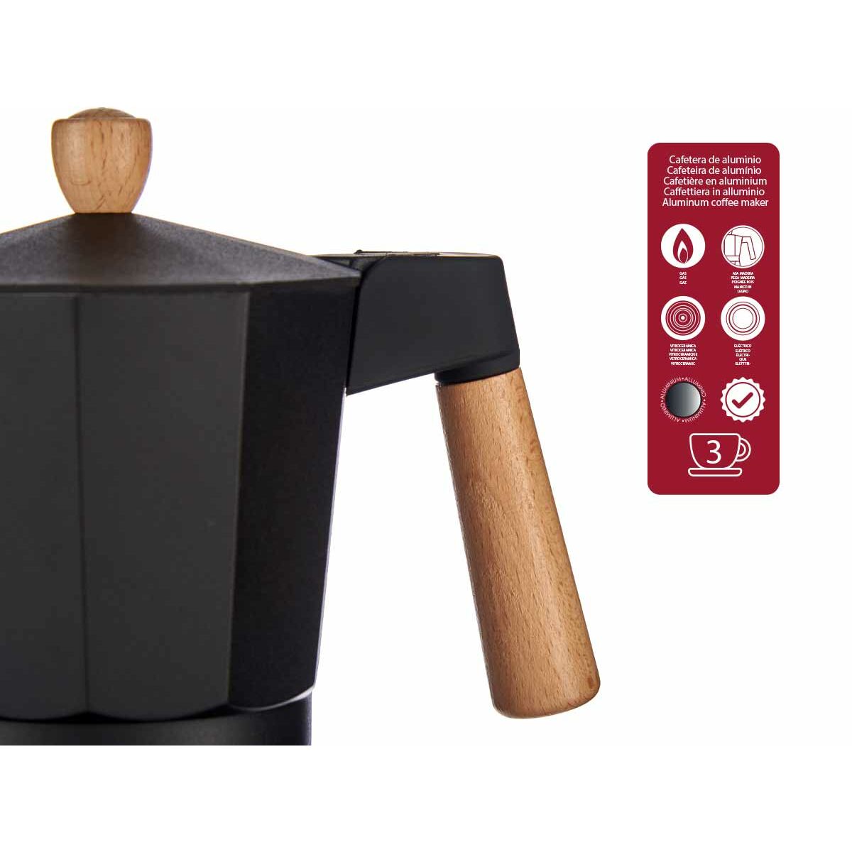 Italiensk Kaffepanna Trä Aluminium 3 Csészék - 5