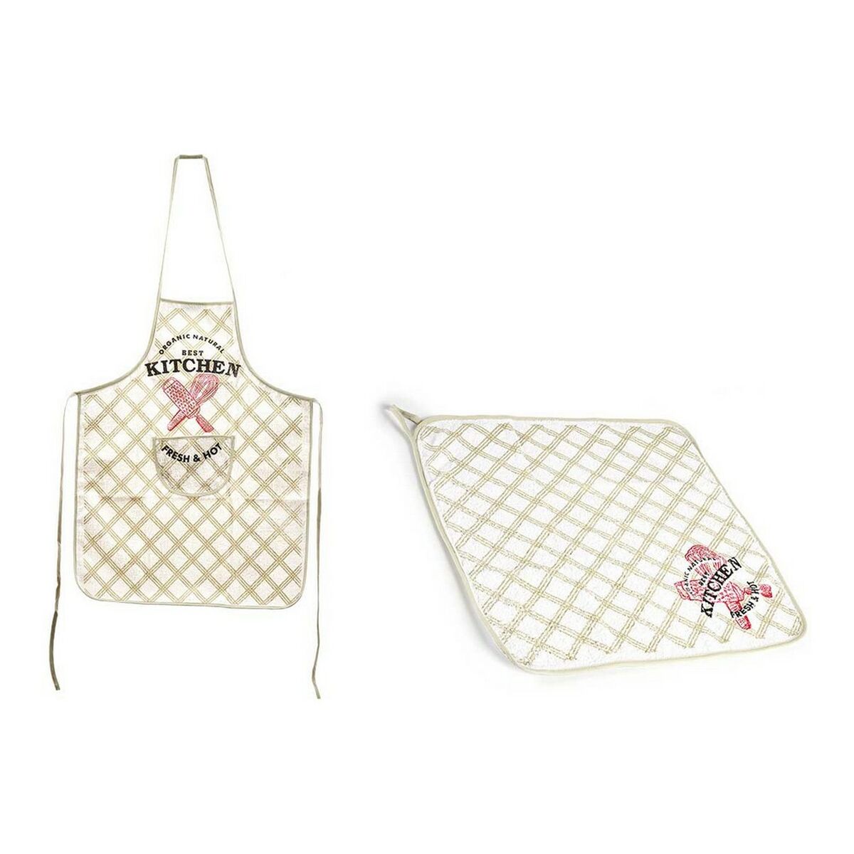 Set Förkläde Kökstextil 60 x 0,3 x 80 cm Vit Grön 80 % bomull 70 % bomull (2 pcs) - 2