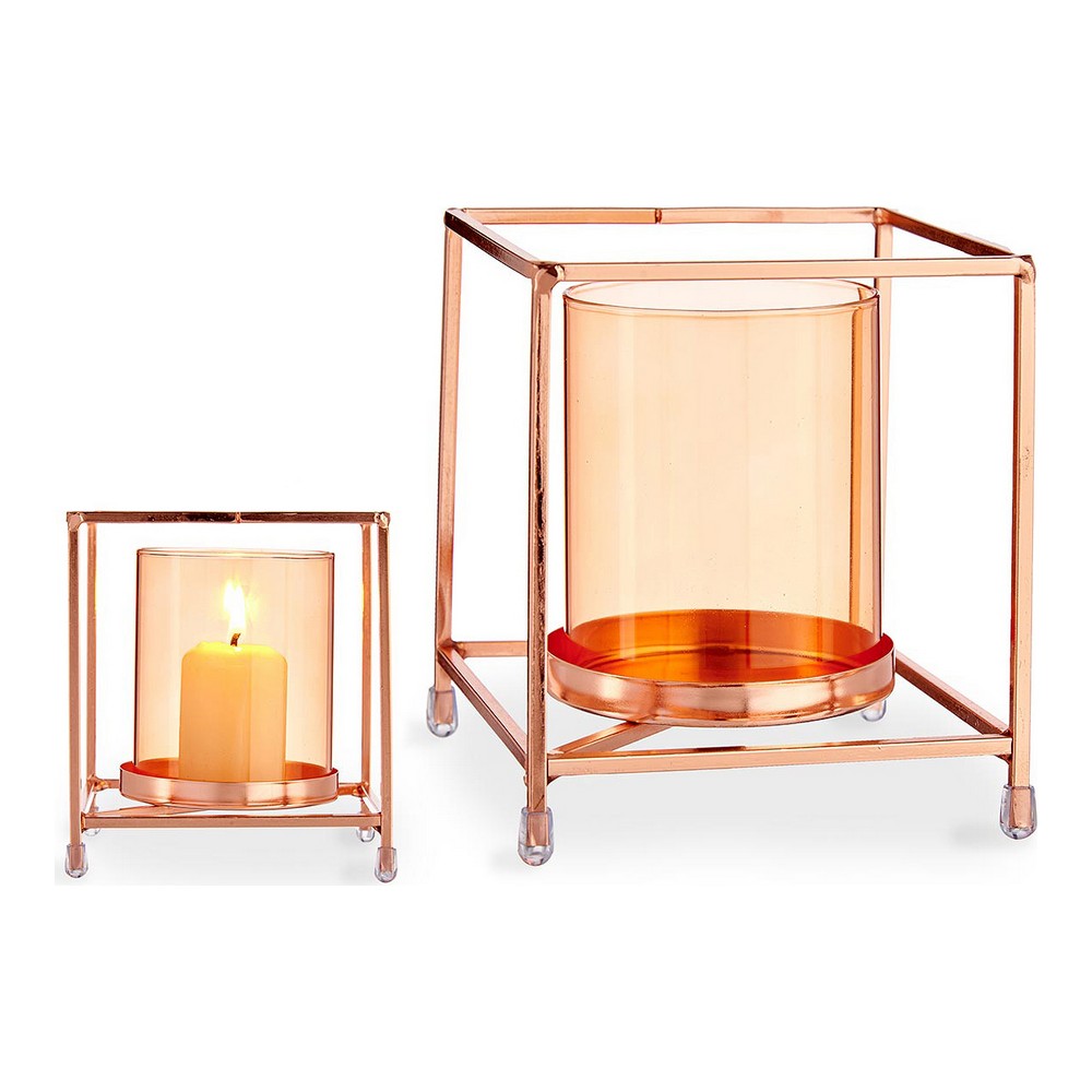 Ljusstakar Fyrkantig Koppar Ambra 11,5 x 12,6 x 11,5 cm Metall Glas - 2