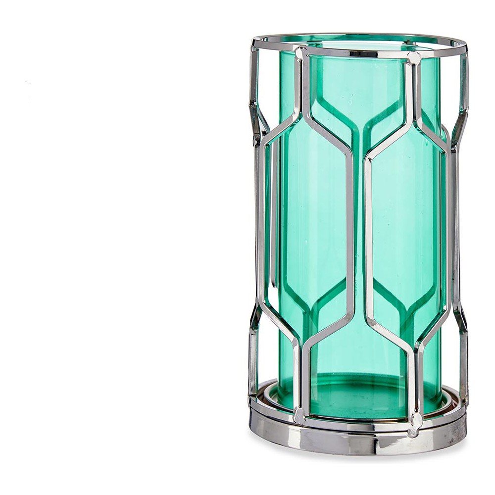 Ljusstakar Silvrig Blå Metall Glas (11,5 x 19,5 x 11,5 cm)