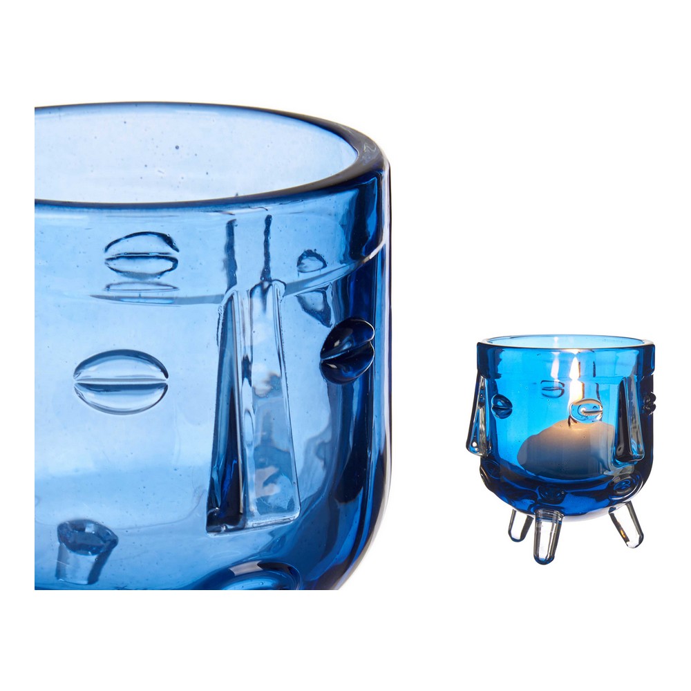 Ljusstakar Ansikte Glas Blå 7,8 x 8,8 x 7,8 cm - 2