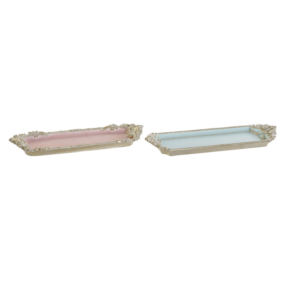 Bricka DKD Home Decor Blå Multicolour Rosa Champagne Harts 33 x 10 x 3,5 cm (2 antal)