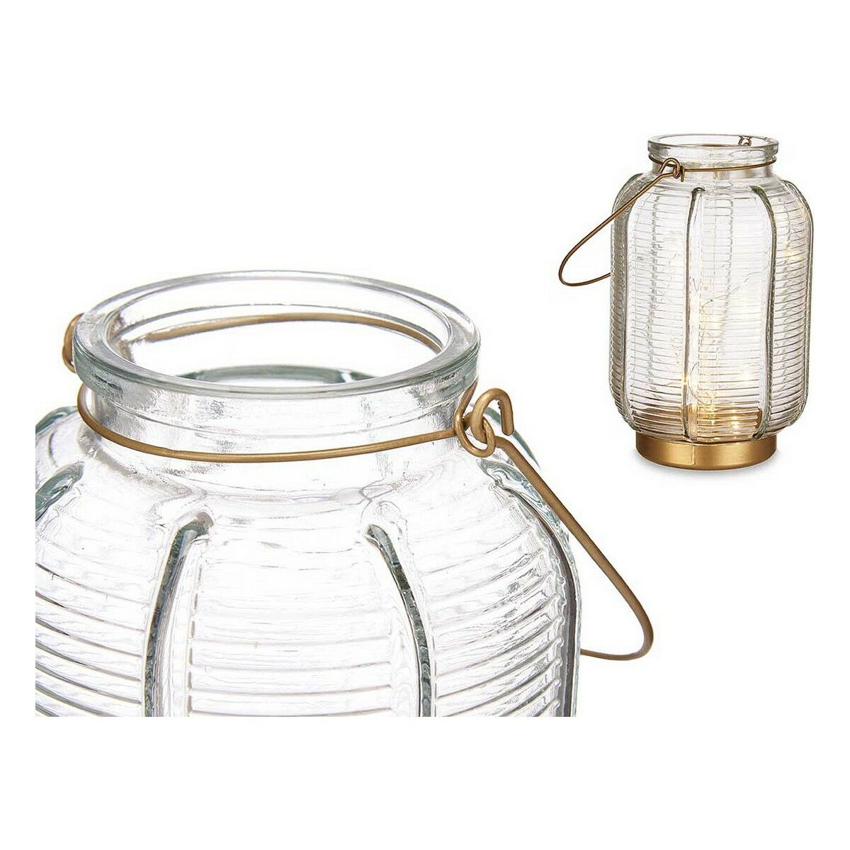 LED-lykta Ränder Gyllene Transparent Glas (13,5 x 22 x 13,5 cm) - 2