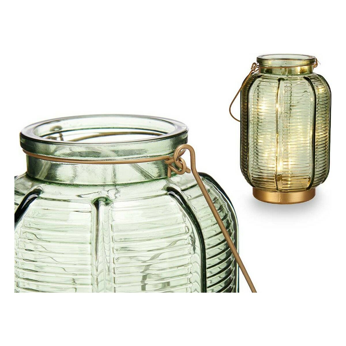 LED-lykta Ränder Gyllene Grön Glas (13,5 x 22 x 13,5 cm) - 2