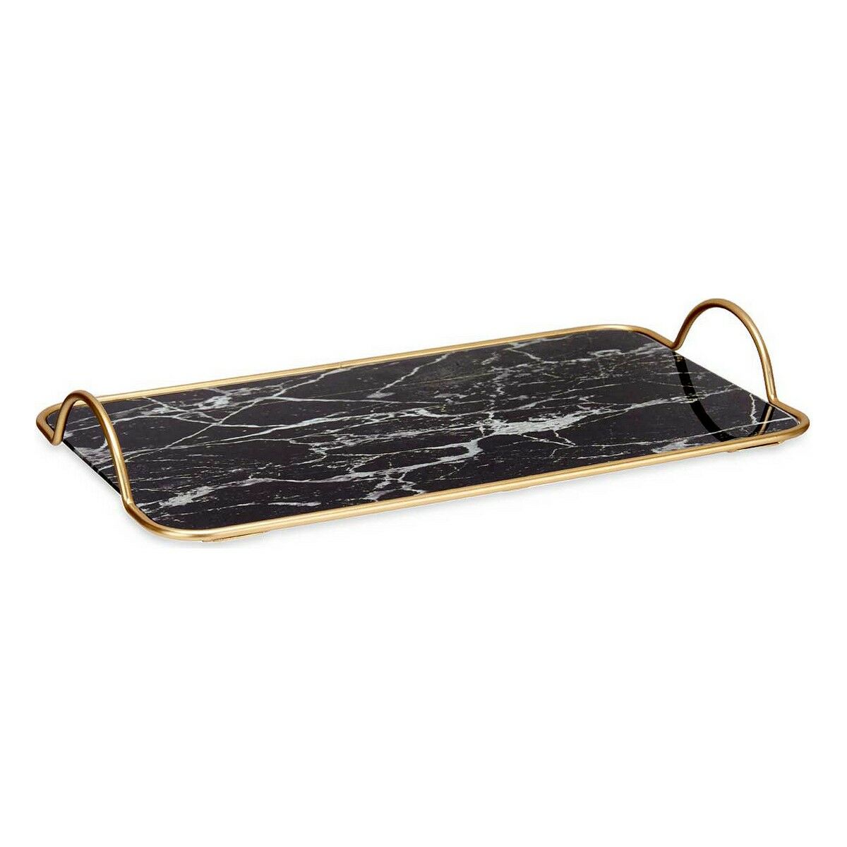 Bricka Marmor Med handtag Svart Gyllene Metall Glas (35 x 4,5 x 20 cm)
