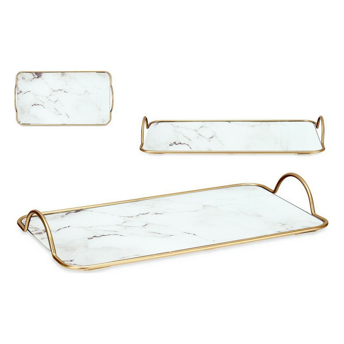 Bricka Marmor Med handtag Gyllene Metall Vit Glas (35 x 4 x 20 cm) - 2