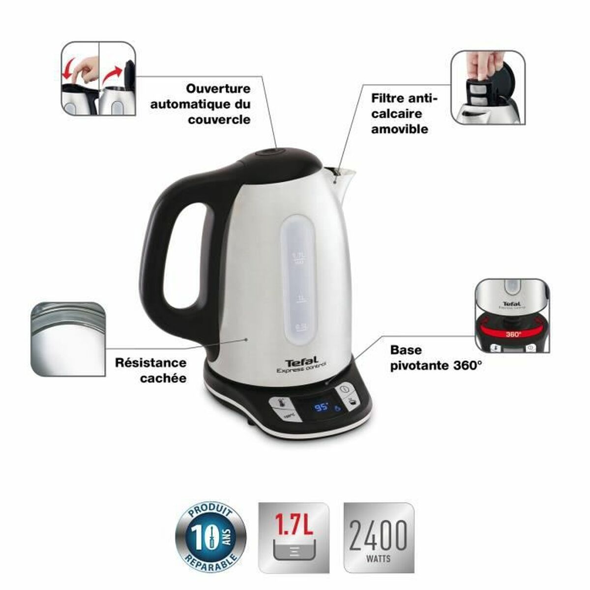 Vattenkokare Tefal KI240D Svart Stål Rostfritt stål 2400 W 1,7 L - 2