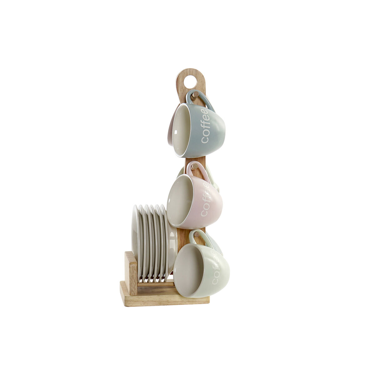 Set med 6 koppar och fat DKD Home Decor Blå Rosa Grön Stengods 150 ml