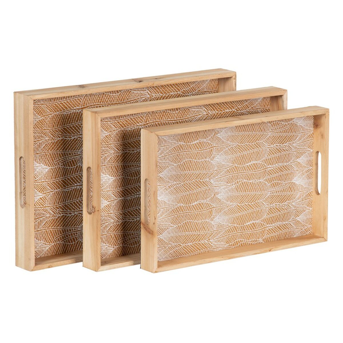 Snacksbricka 45 x 31 x 5 cm Blad Naturell Trä Rattan 3 Delar