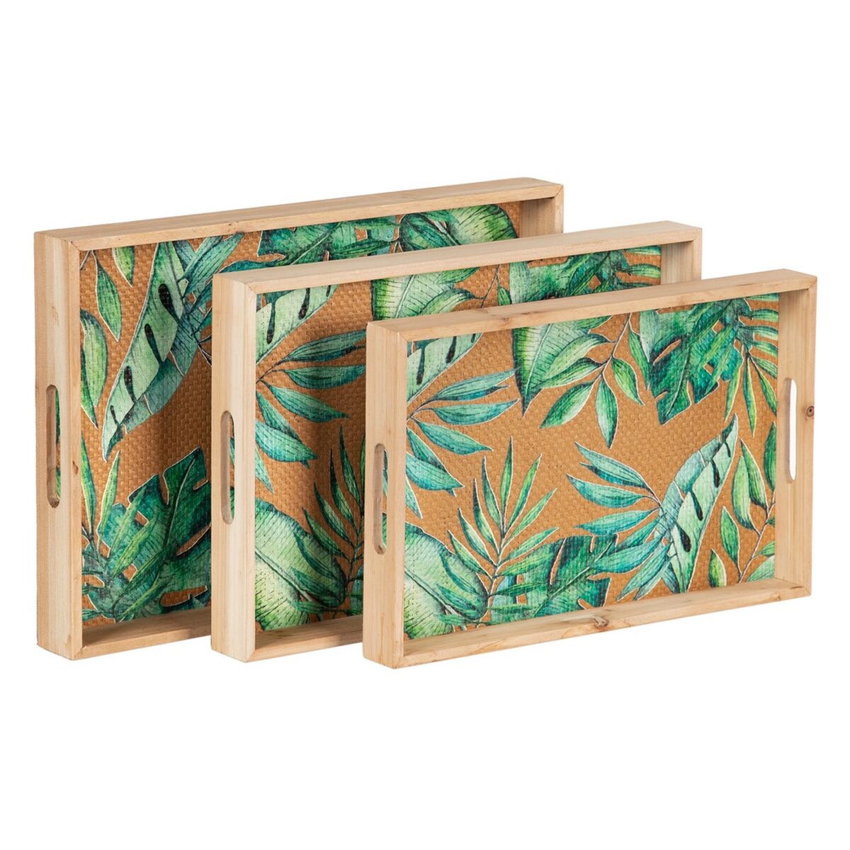 Snacksbricka 45 x 31 x 5 cm Blad Naturell Trä Rattan 3 Delar