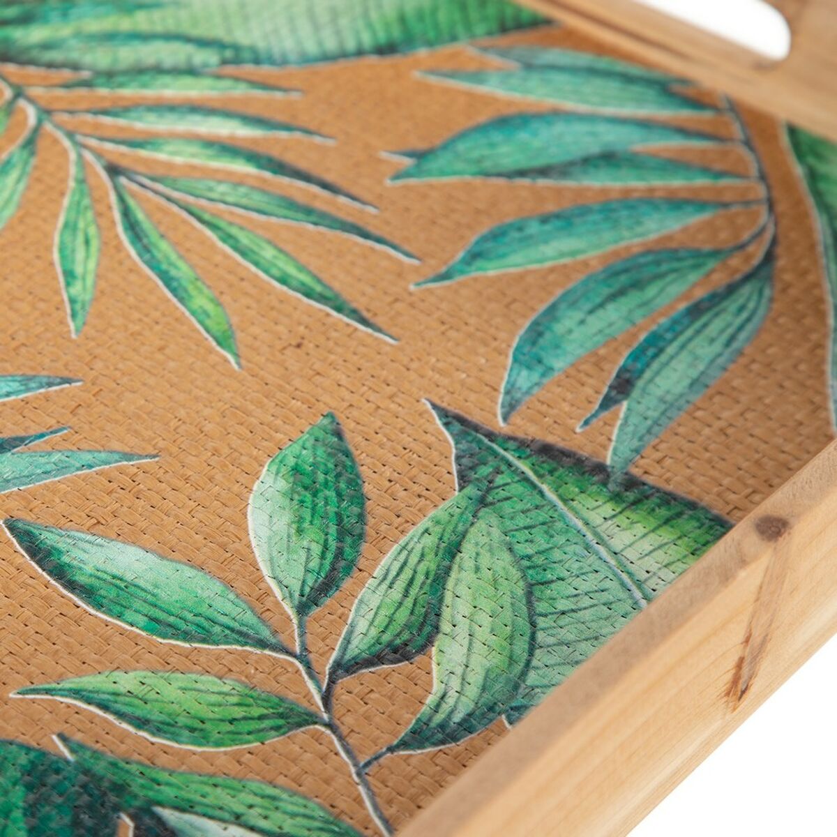 Snacksbricka 45 x 31 x 5 cm Blad Naturell Trä Rattan 3 Delar - 4