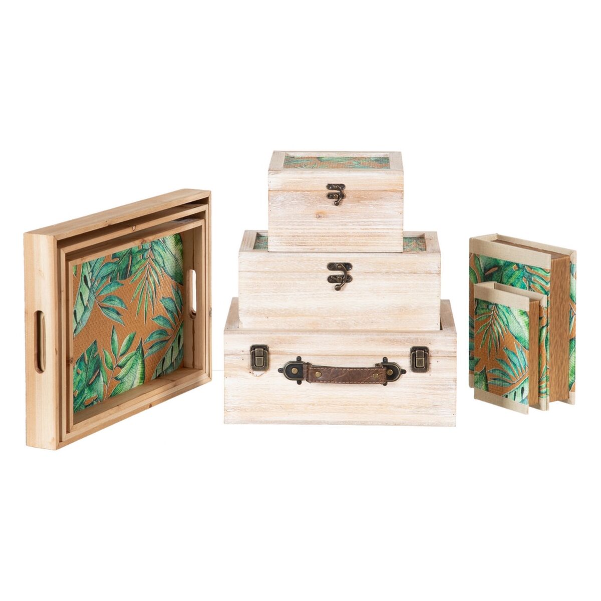 Snacksbricka 45 x 31 x 5 cm Blad Naturell Trä Rattan 3 Delar - 2