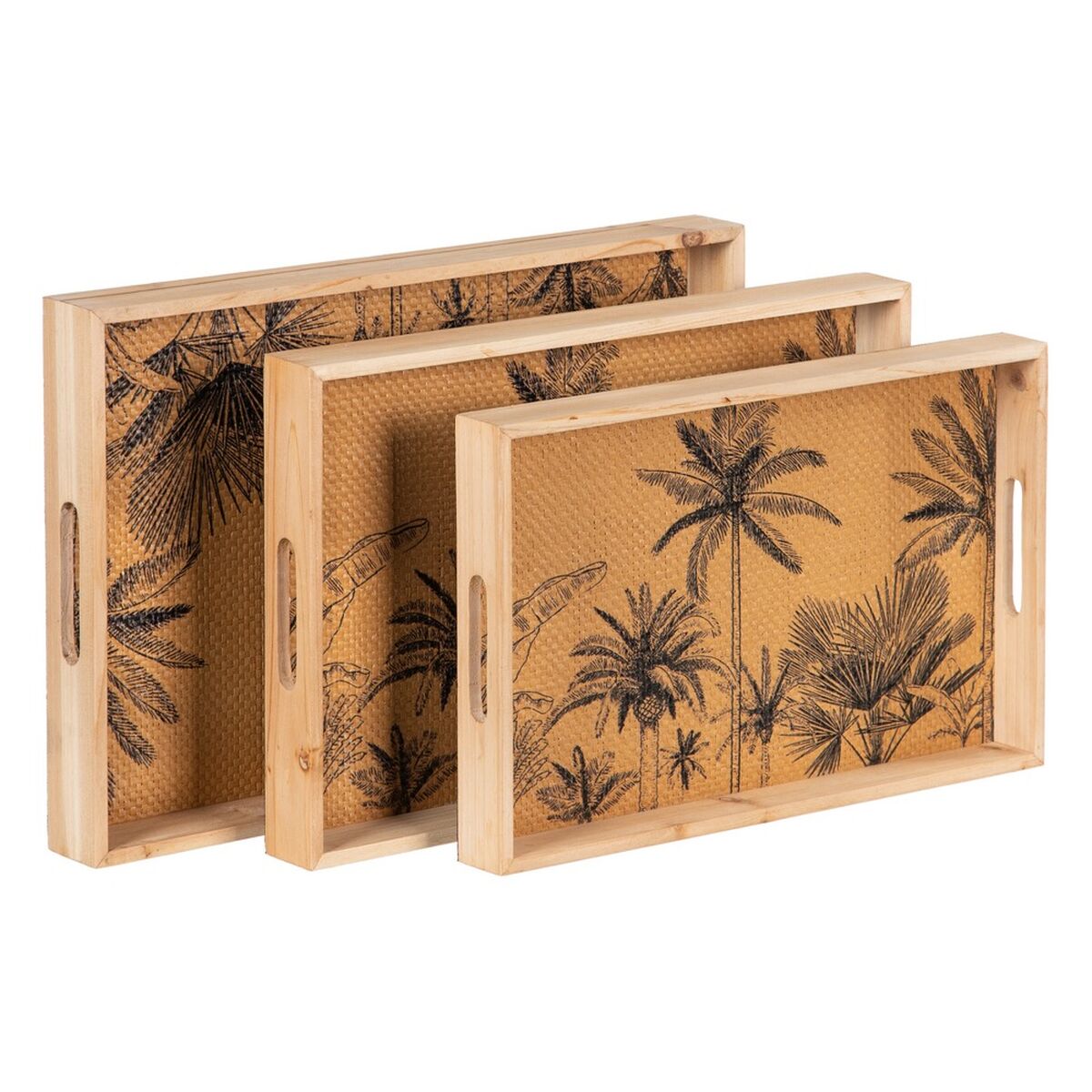 Snacksbricka 45 x 31 x 5 cm Naturell Trä Rattan 3 Delar Palmträd