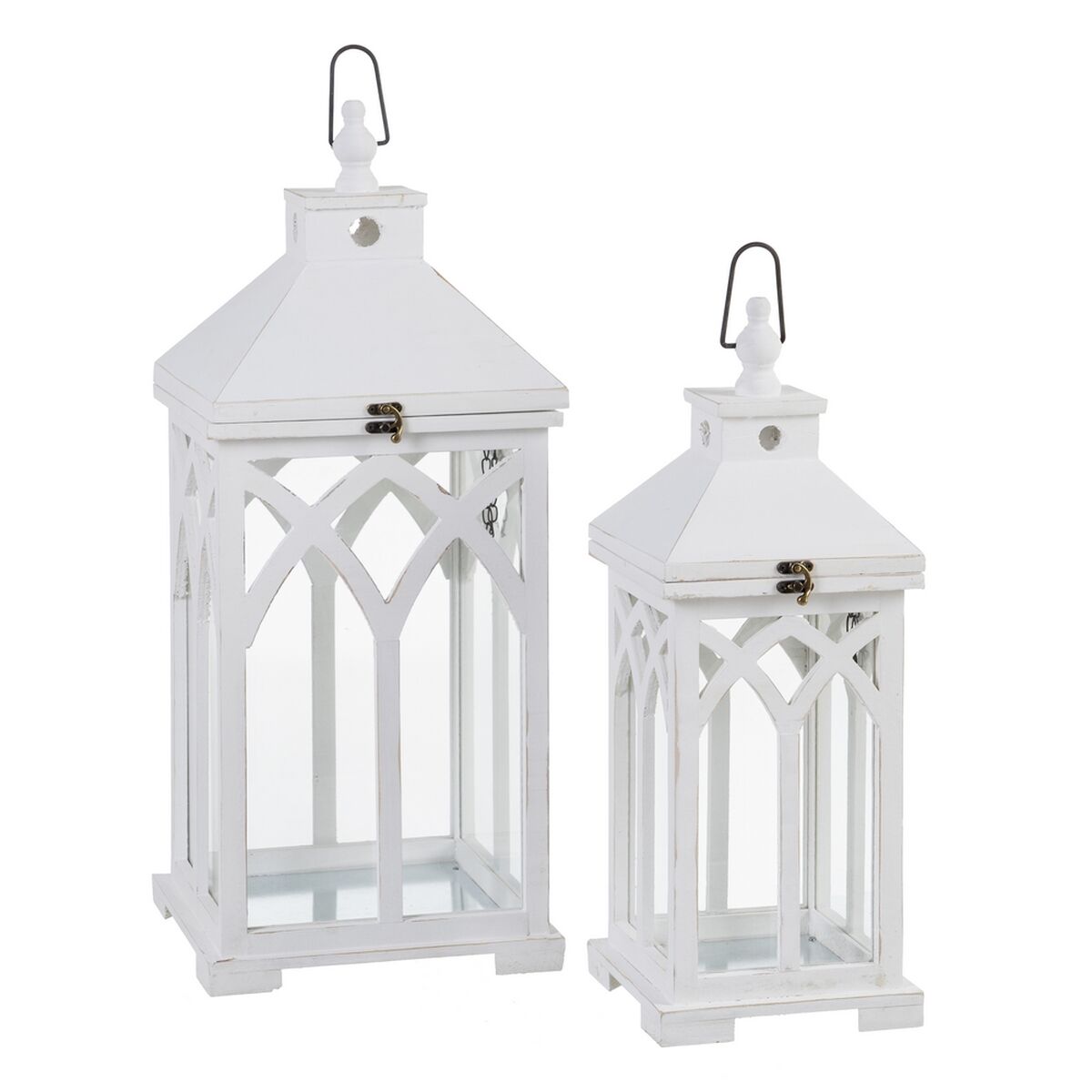 Lykta Ljusstakar Vit Glas Granträ 28 x 28 x 70 cm (2 antal)