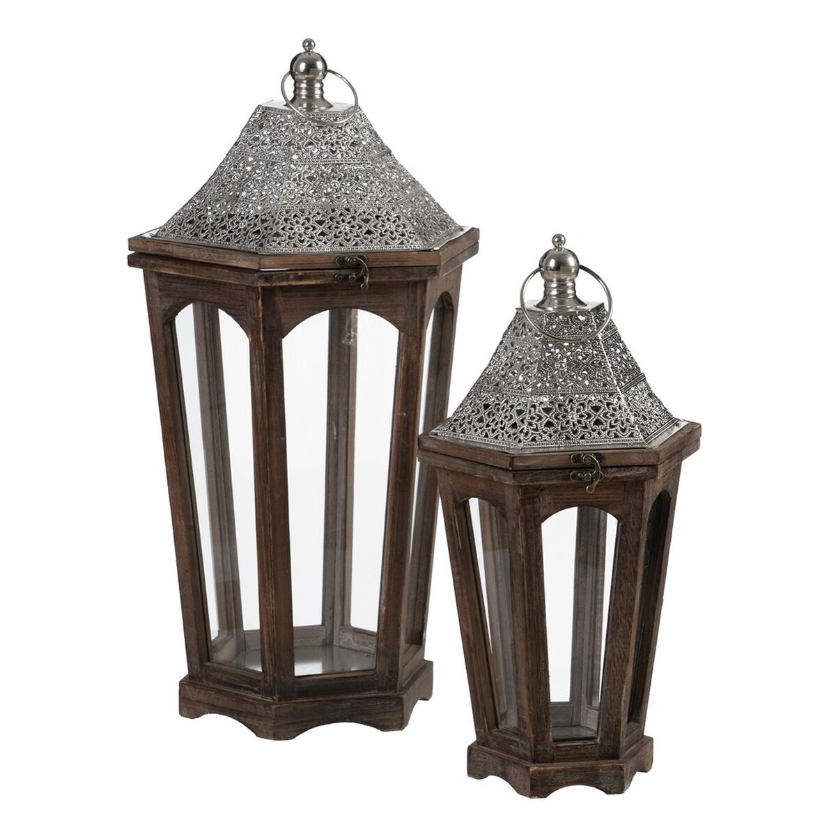 Lykta 32 x 28 x 60 cm Ljusstakar Brun Silver Granträ (2 antal)