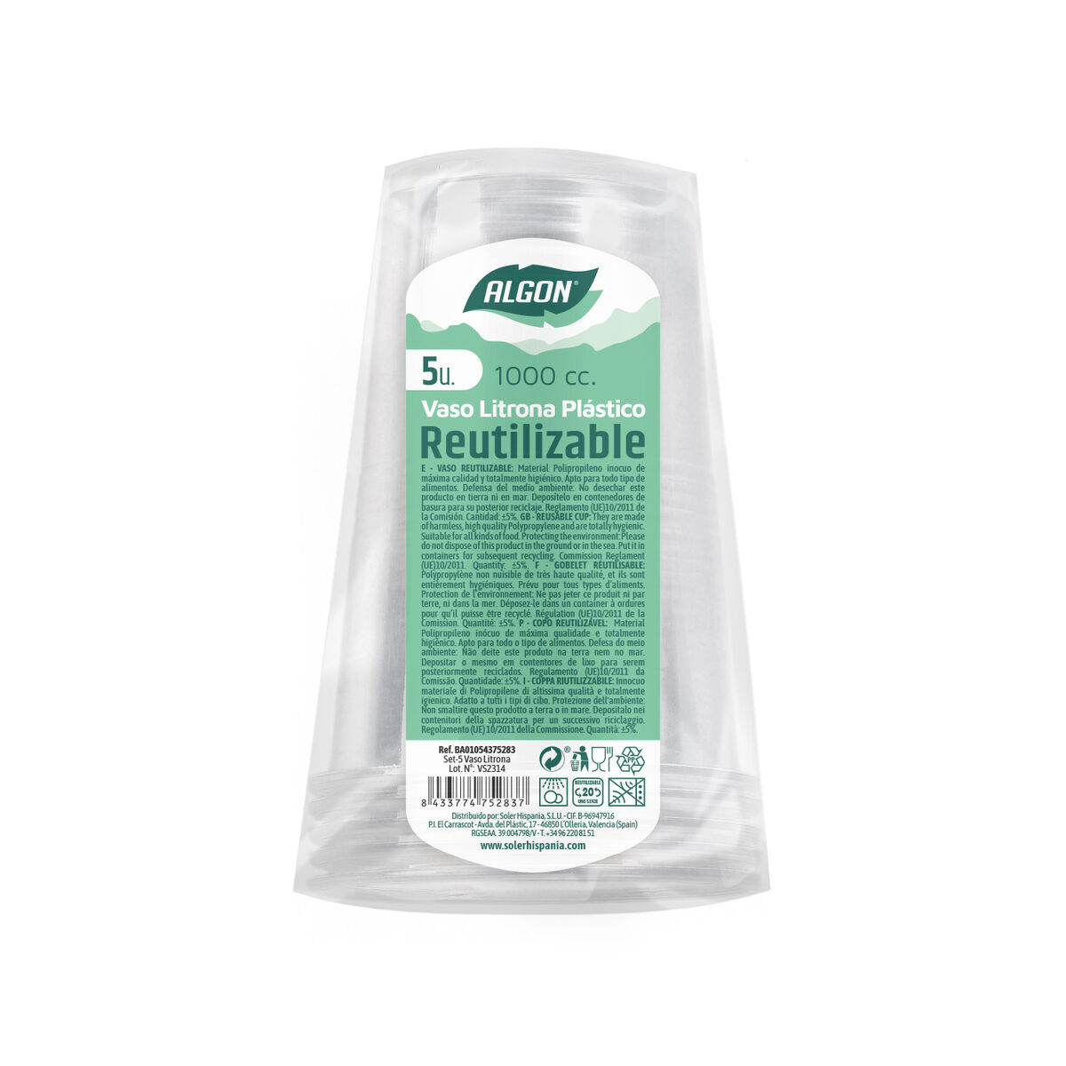 Set med återanvändbara glas Algon Transparent 1 L 5 antal - 2