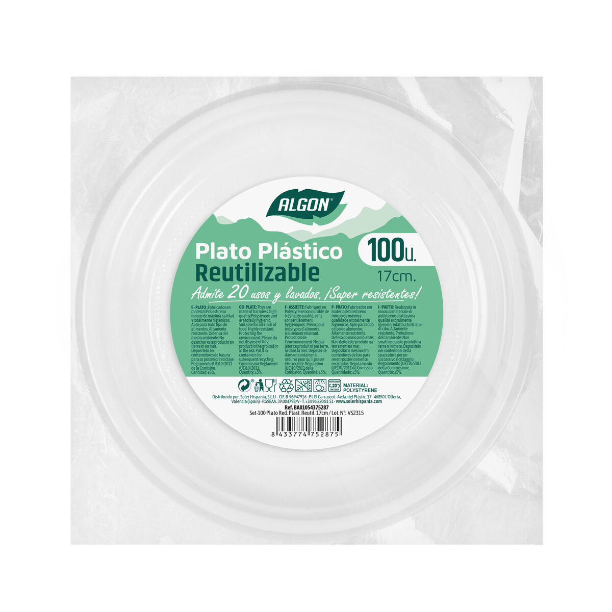 Set med återanvändbara tallrikar Algon Rund Vit Plast 17 cm 100 antal - 2