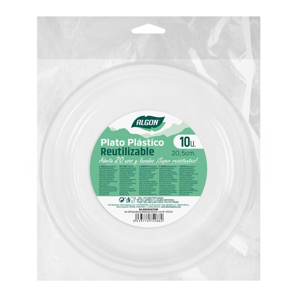Set med återanvändbara tallrikar Algon Rund Vit 20,5 x 2 cm Plast 10 antal - 2