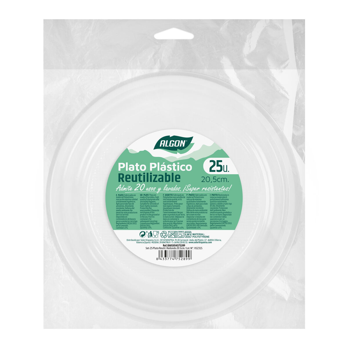 Set med återanvändbara tallrikar Algon Rund Vit 20,5 x 2 cm Plast 25 antal - 2