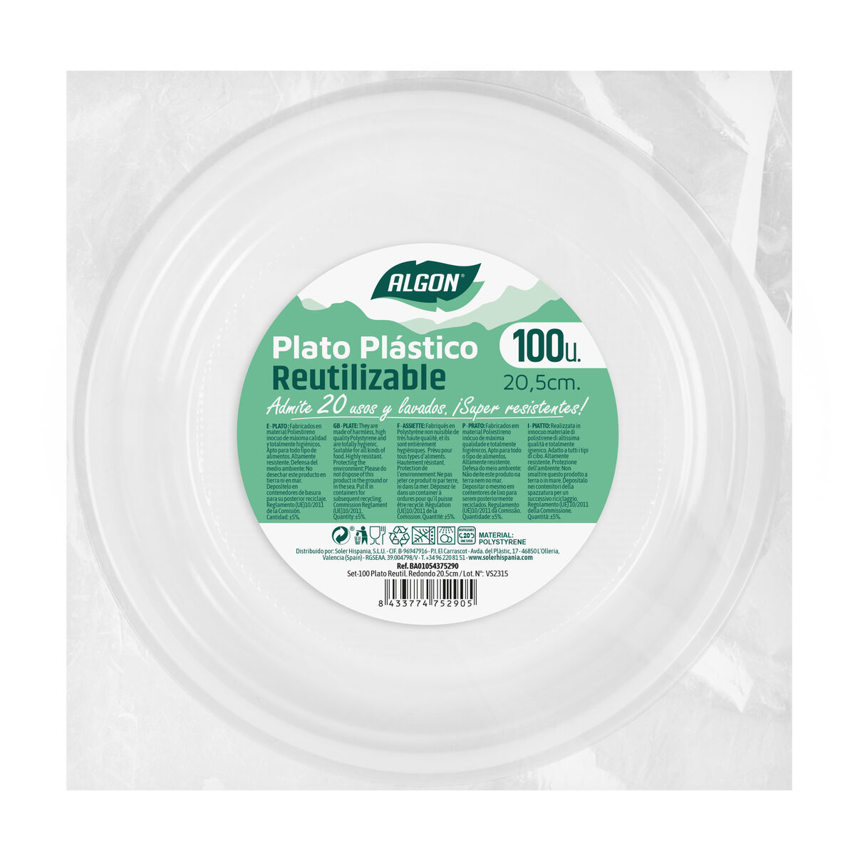 Set med återanvändbara tallrikar Algon Rund Vit 20,5 x 2 cm Plast 100 antal - 2
