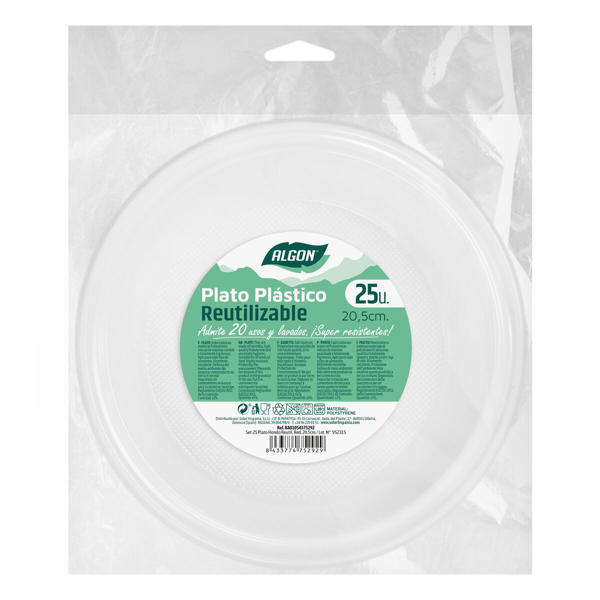 Set med återanvändbara tallrikar Algon Rund Vit 20,5 x 3 cm Plast 25 antal - 2
