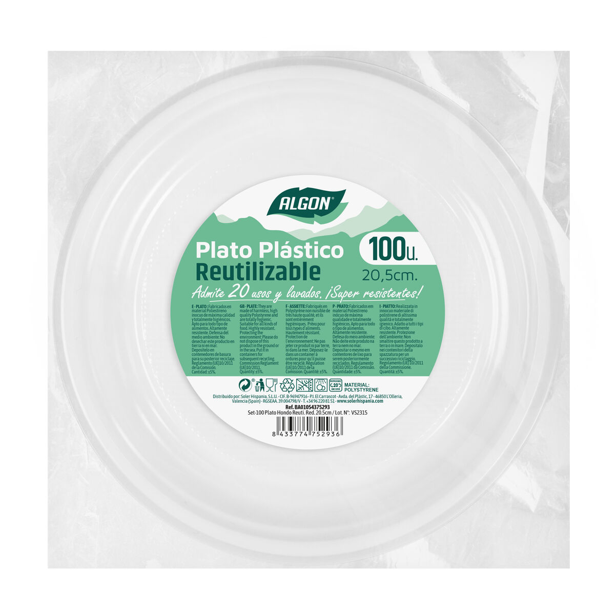 Set med återanvändbara tallrikar Algon Rund Vit 20,5 x 3 cm Plast 100 antal - 2