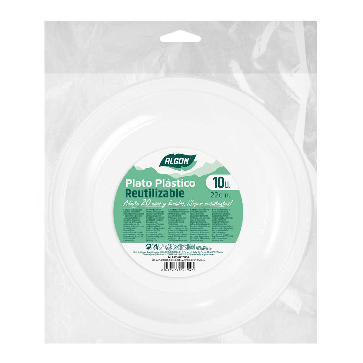 Set med återanvändbara tallrikar Algon Rund Vit 21,5 x 1,5 cm Plast 10 antal - 2