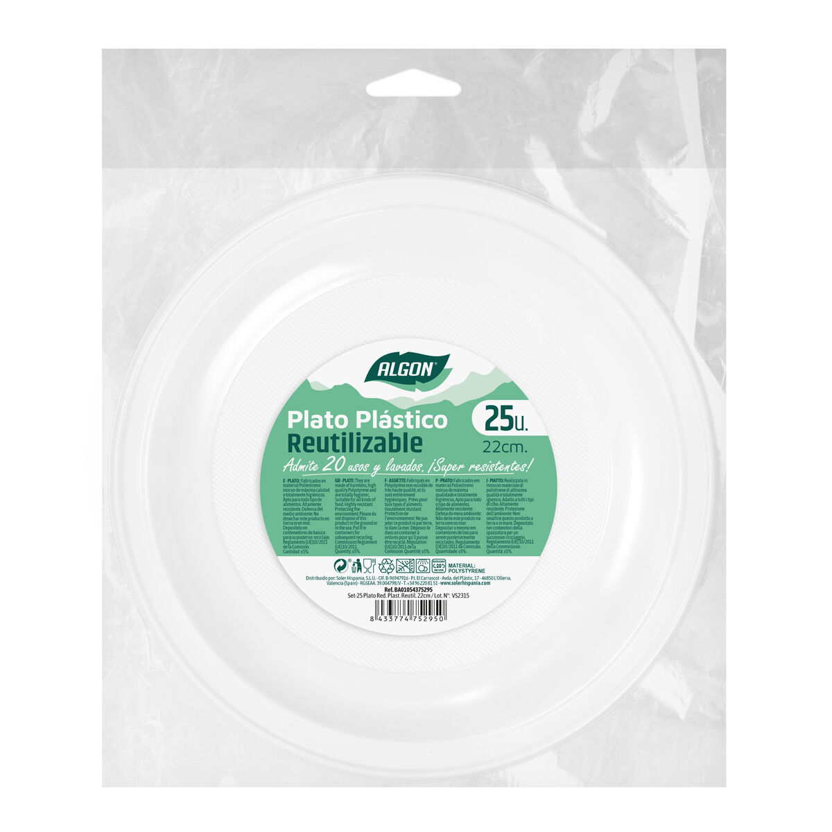 Set med återanvändbara tallrikar Algon Rund Vit 22 x 22 x 1,5 cm Plast 25 antal - 2