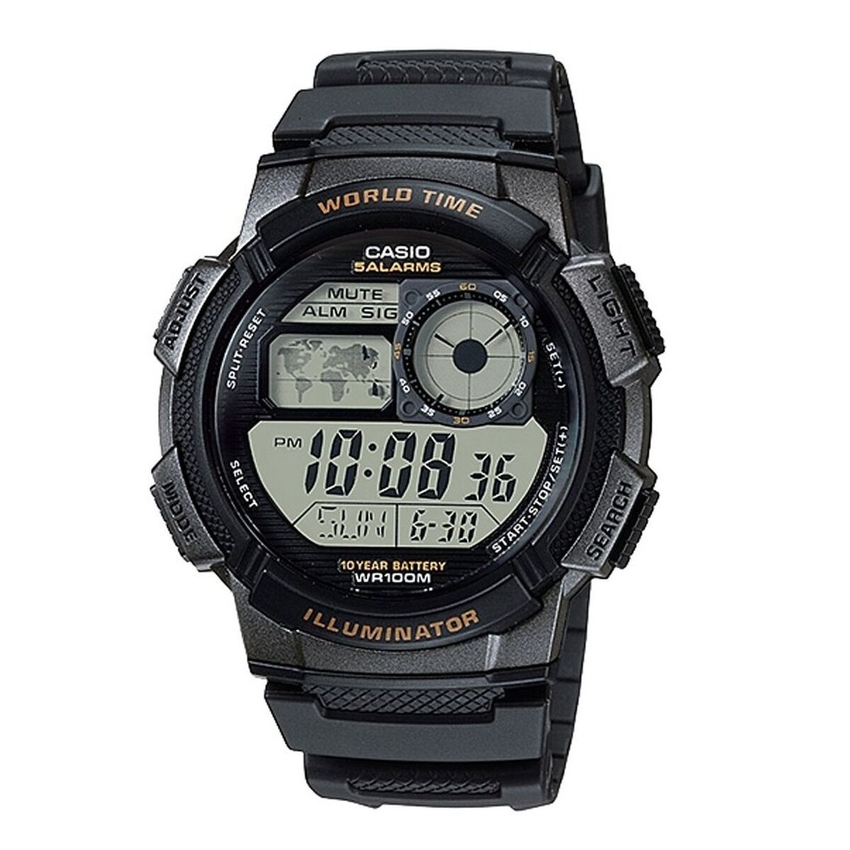 Unisexklocka Casio WORLD TIME ILLUMINATOR - 5 ALARMS. 10 YEAR BATTERY Svart Grå (Ø 48 mm)