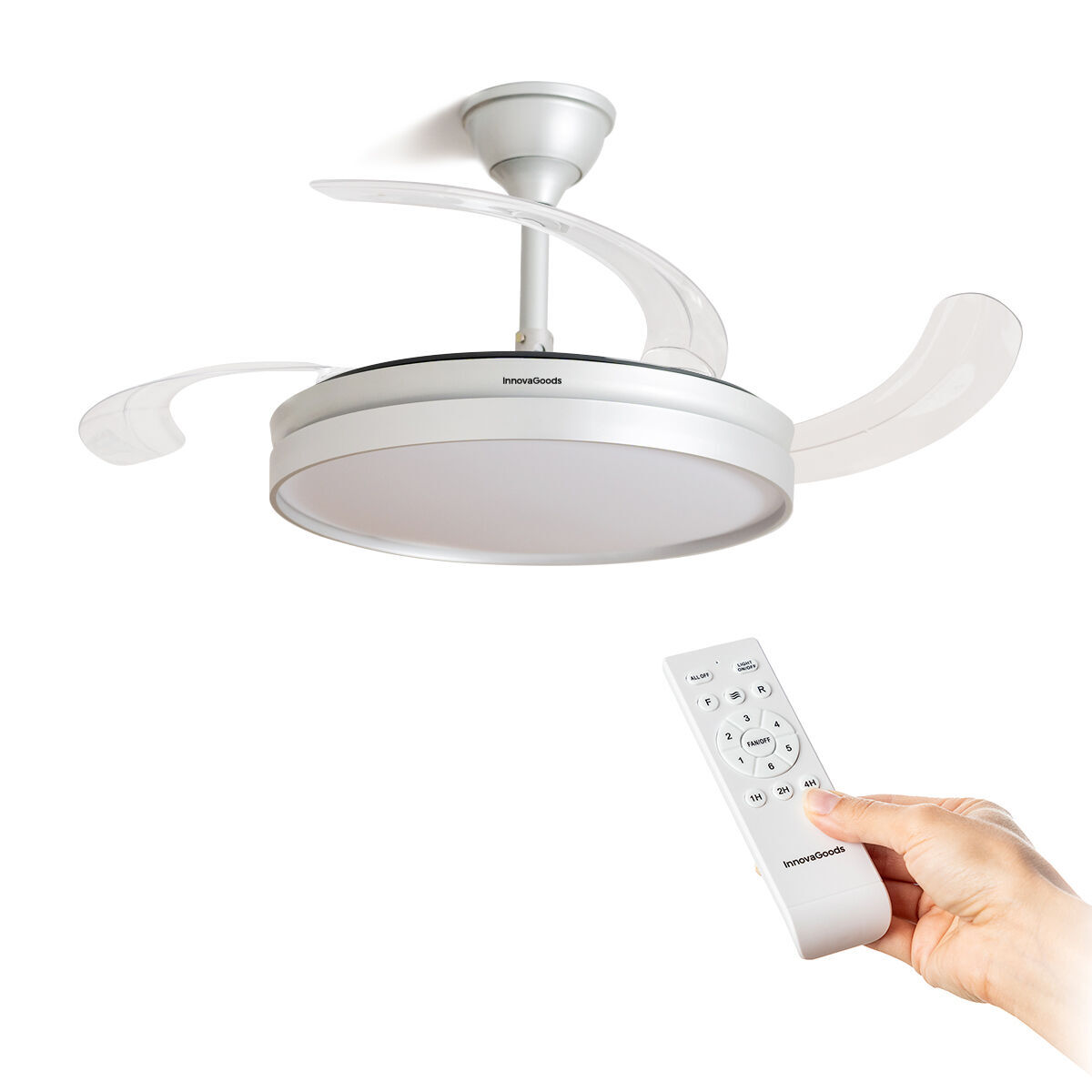 Takfläkt med LED-ljus och 4 Infällbara Blad InnovaGoods 80 W Ø49-104 cm Silvrig (Renoverade A)