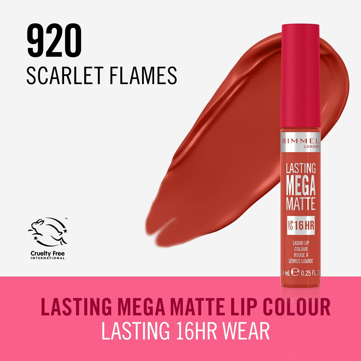 flytande läppstift Rimmel London Lasting Mega Matte Nº 920 Scarlet Flames Nº 920-Scarlet Flames 7,4 ml - 3