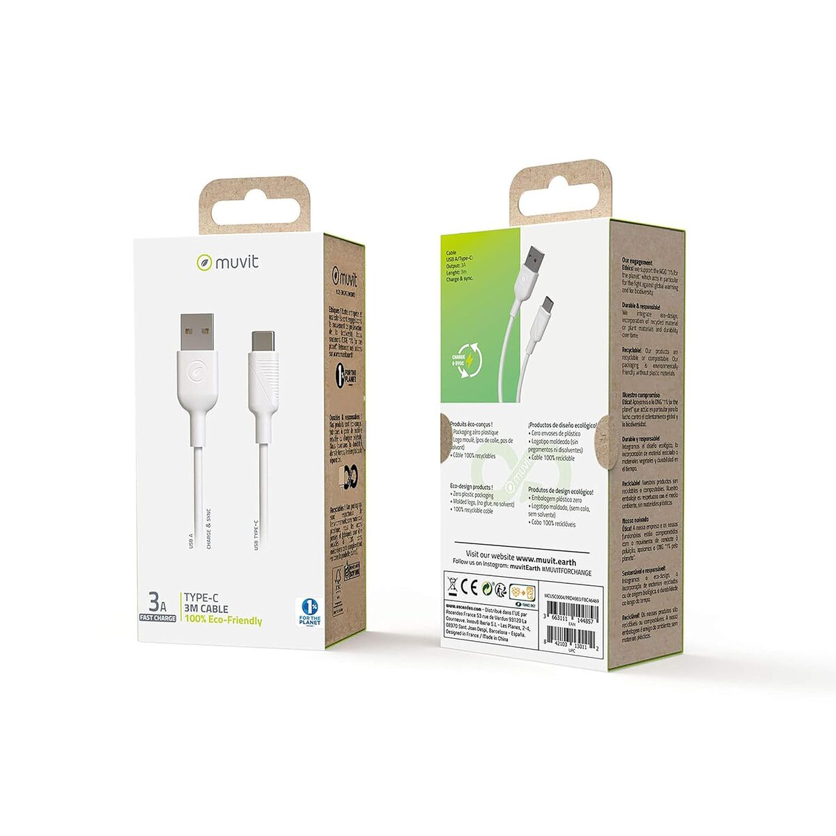 USB A till USB-C Kabel Muvit Vit 3 m - 2