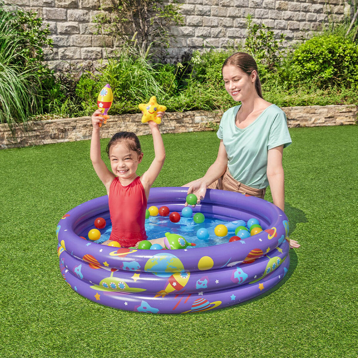 Bestway Uppblåsbar Barnpool 3 Ringar med Bollar 102x25 cm +2 År Inomhus och Trädgård 52466 - 3