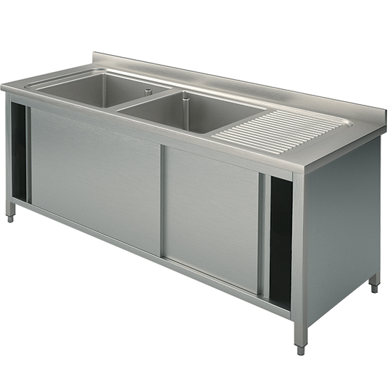 Diskbänk på skåp, 2 diskhoar, Höger om diskbänken, med skjutdörrar, 1500x700 mm