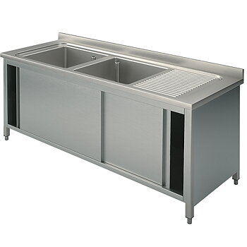 Diskbänk på skåp, 2 diskhoar + Höger om diskbänken, med skjutdörrar, 2000x600 mm