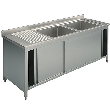 Diskbänk på skåp, 2 diskhoar, vänster om diskbänken, med skjutdörrar, 1500x700 mm