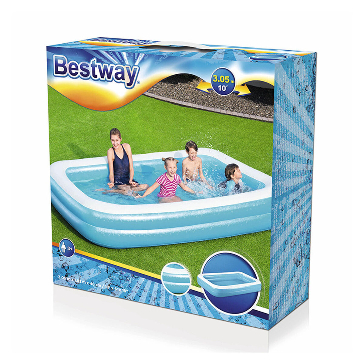 Bestway Uppblåsbar Pool 2 Kammare Rektangulär 305x183x46 cm +3 år Trädgård 54150 - 2