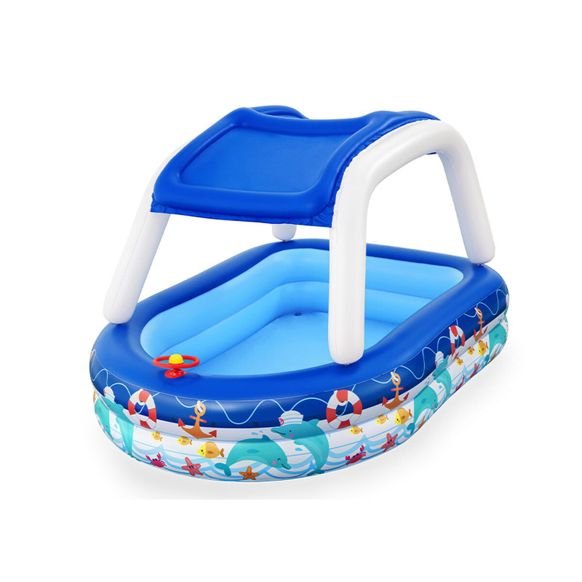 Bestway Uppblåsbar Barnpool Avtagbart Tak Båt med Ratt 213x155x132 cm +3 År Trädgård 54370