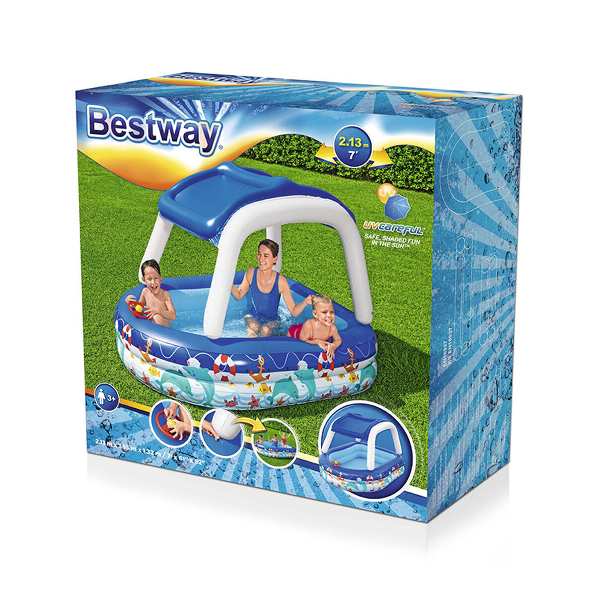 Bestway Uppblåsbar Barnpool Avtagbart Tak Båt med Ratt 213x155x132 cm +3 År Trädgård 54370 - 2