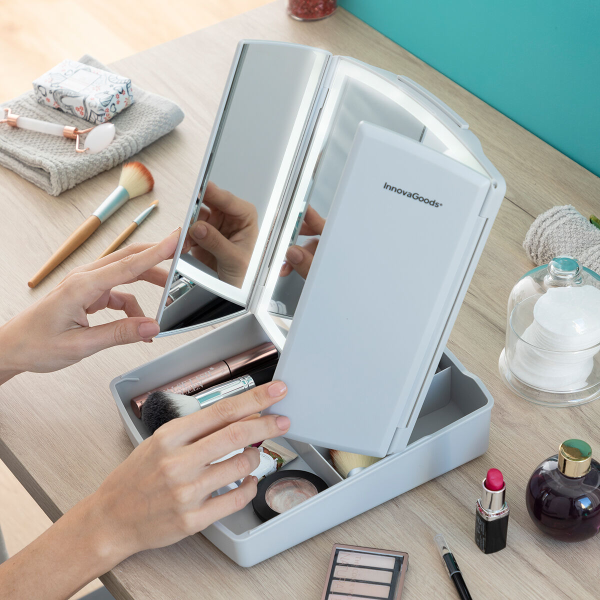 3-i-1 fällbar LED-spegel med sminkorganisator Panomir InnovaGoods - 3